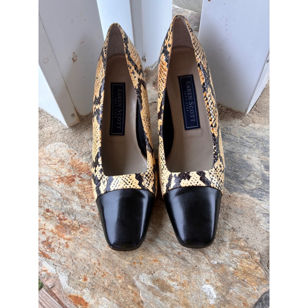 Karen Scott Soft Step Zoe III Snakeskin Print Black Cap Toe Block Heel Pumps 8M